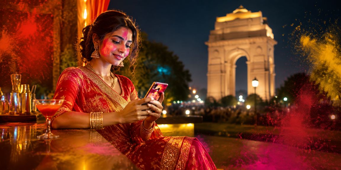 Mobile casino gaming at India Gate, New Delhi during Holi festival