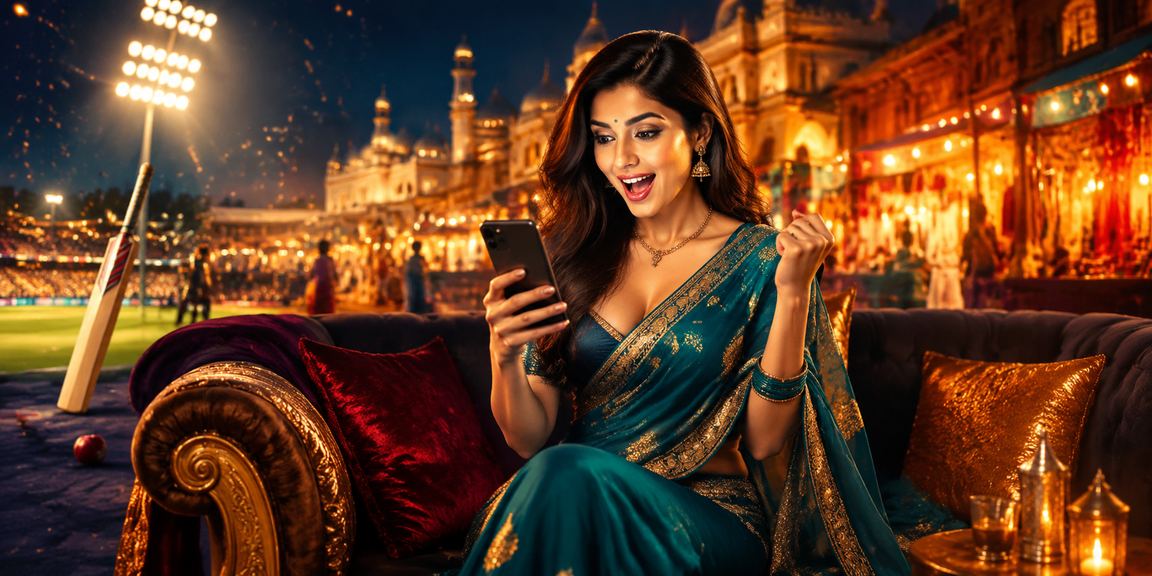 A woman placing cricket betting online on mobile in traditional Indian attire